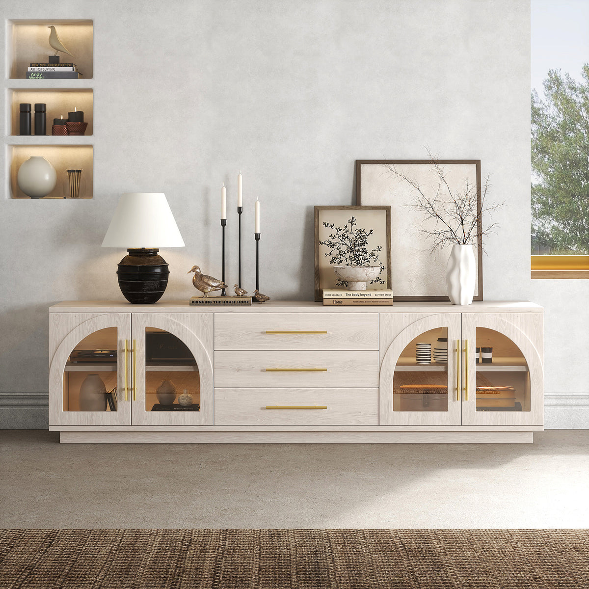 Arune 72" Japandi Whitewash TV Stand with LED Lights and Arched Glass Cabinet Doors