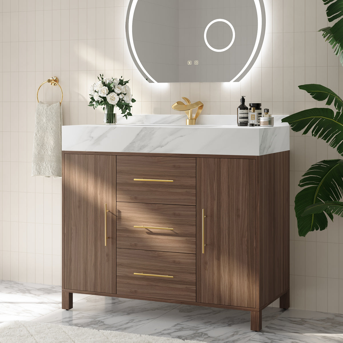 39.3" Floating Bathroom Vanity Cultured Marble Top Bathroom Cabinet Walnut with Sink