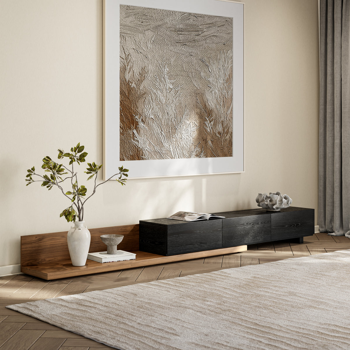 Rectangle Wood Extendable TV Stand Black and Walnut Floor Media Console with 3 Drawers