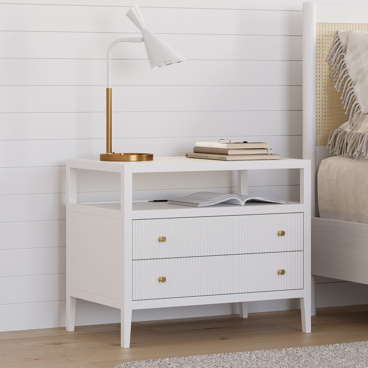 30" Wide Long Modern Smart Nightstand Fluted Bedside Table with 2 Drawers & Charging Station in Gold Handles
