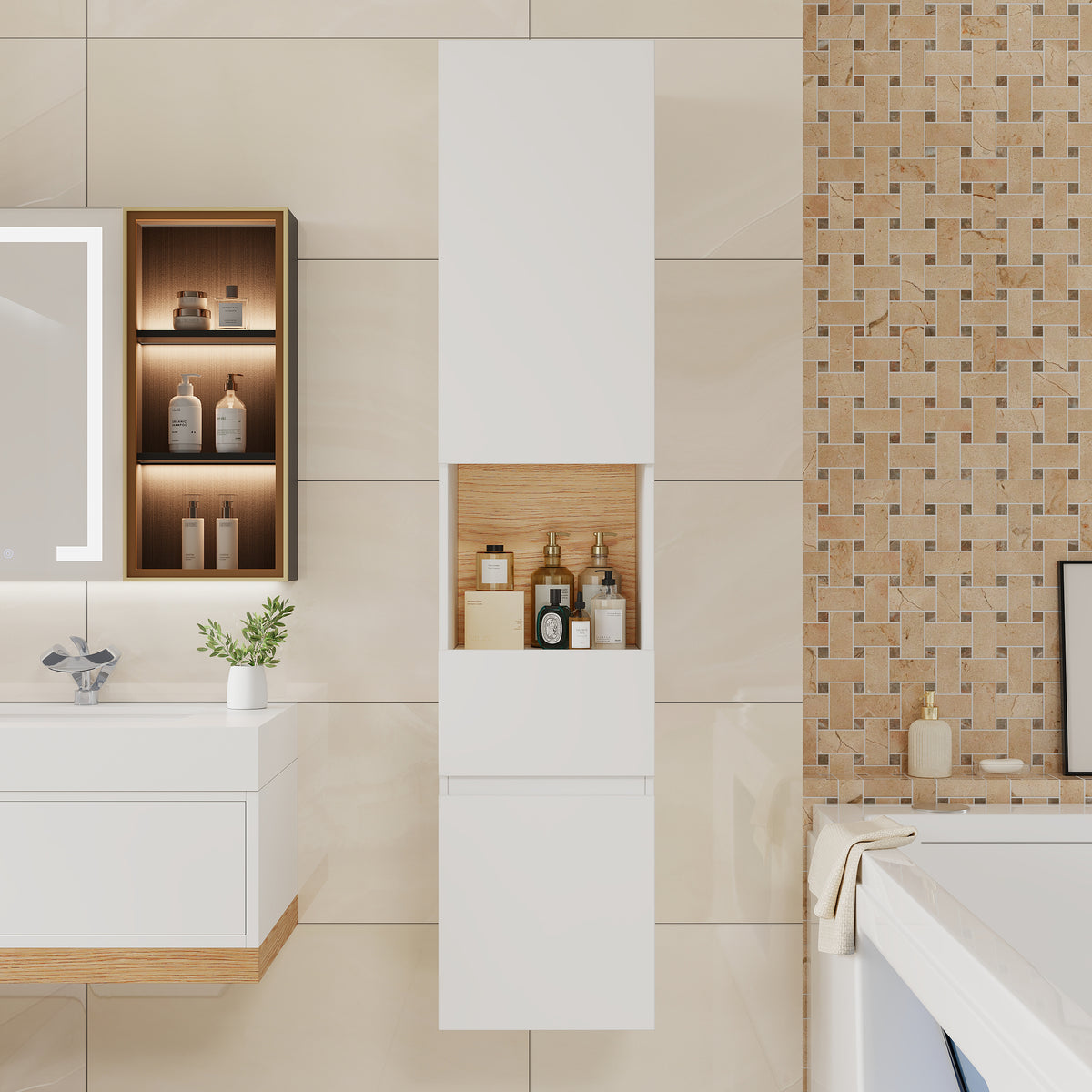 Bathroom Cabinet | High Cabinet Natural & White - 13.8" x 13.8" x 63", With Drawers