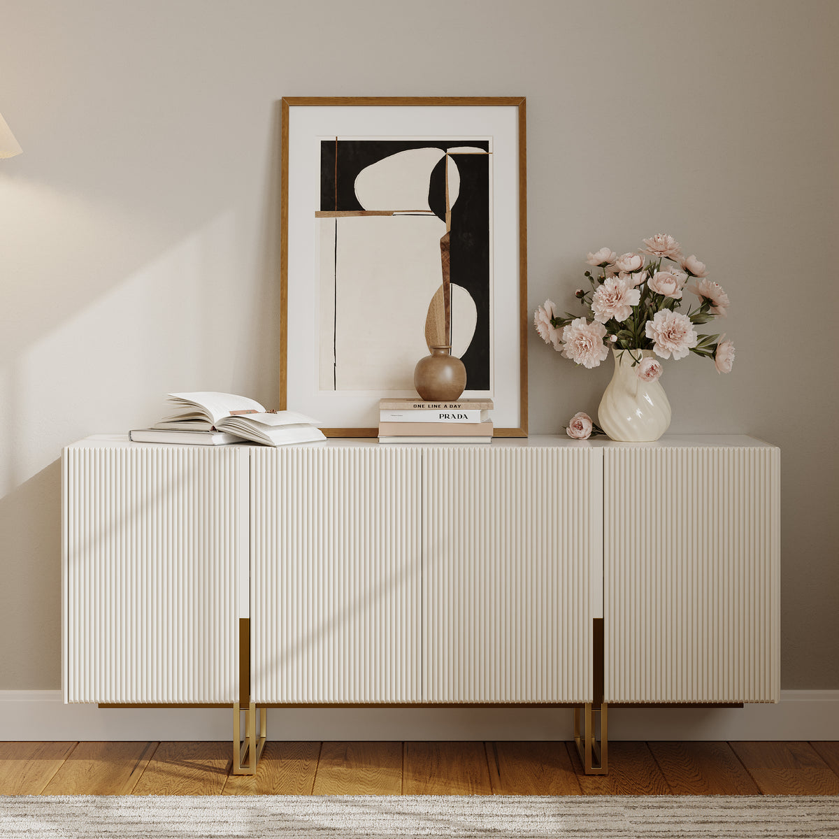 63" Fluted Buffet Sideboard Ivory Glossy with White Sintered Stone Top & Adjustable Shelves