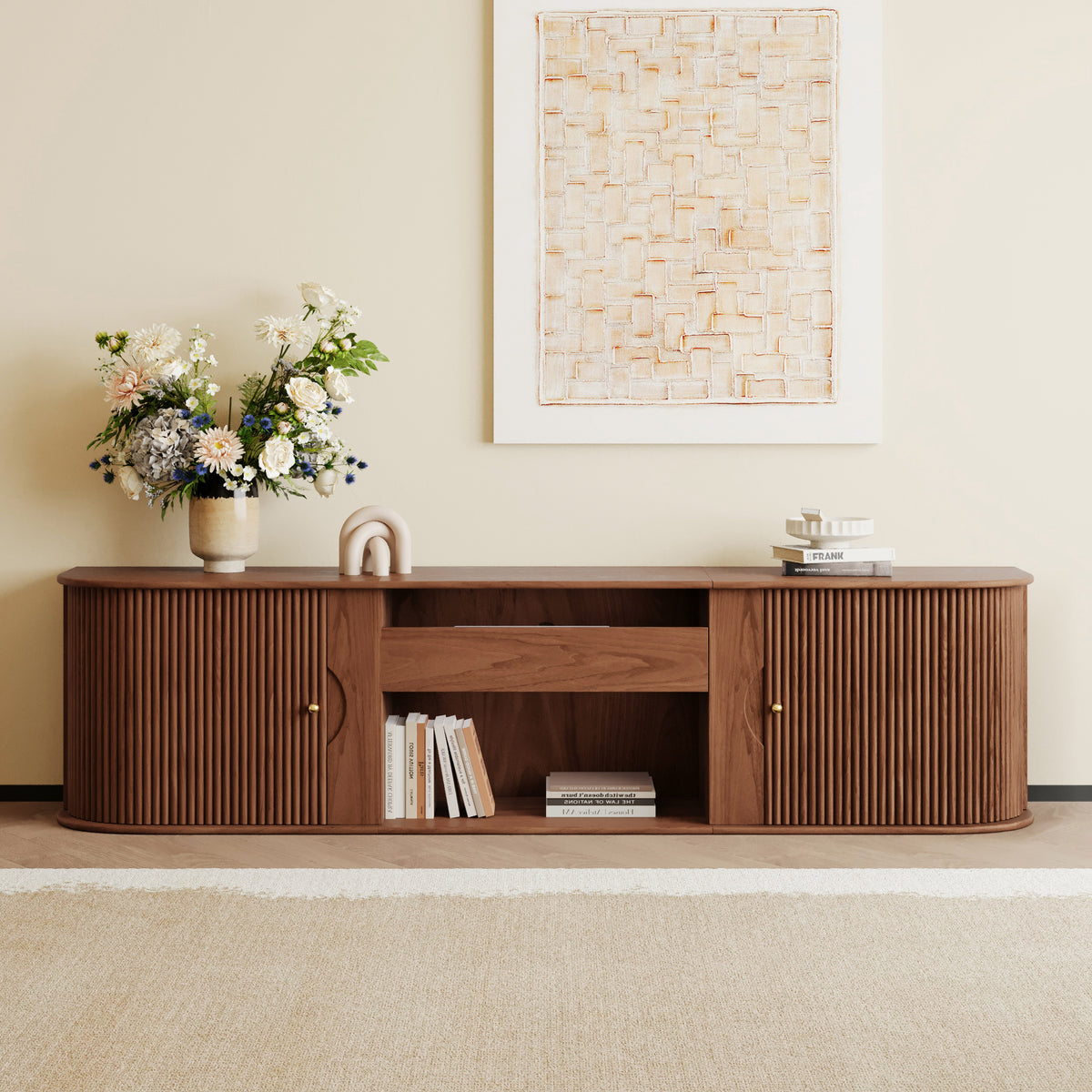 83" Ash Wood Fluted TV Stand Mid Century Modern Media Console with UST Projector Cabinet & LED in Walnut