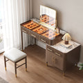 Walnut Makeup Vanity Set with Lighted Mirror & Stool Mid Century Modern Dressing Table with Glass Top