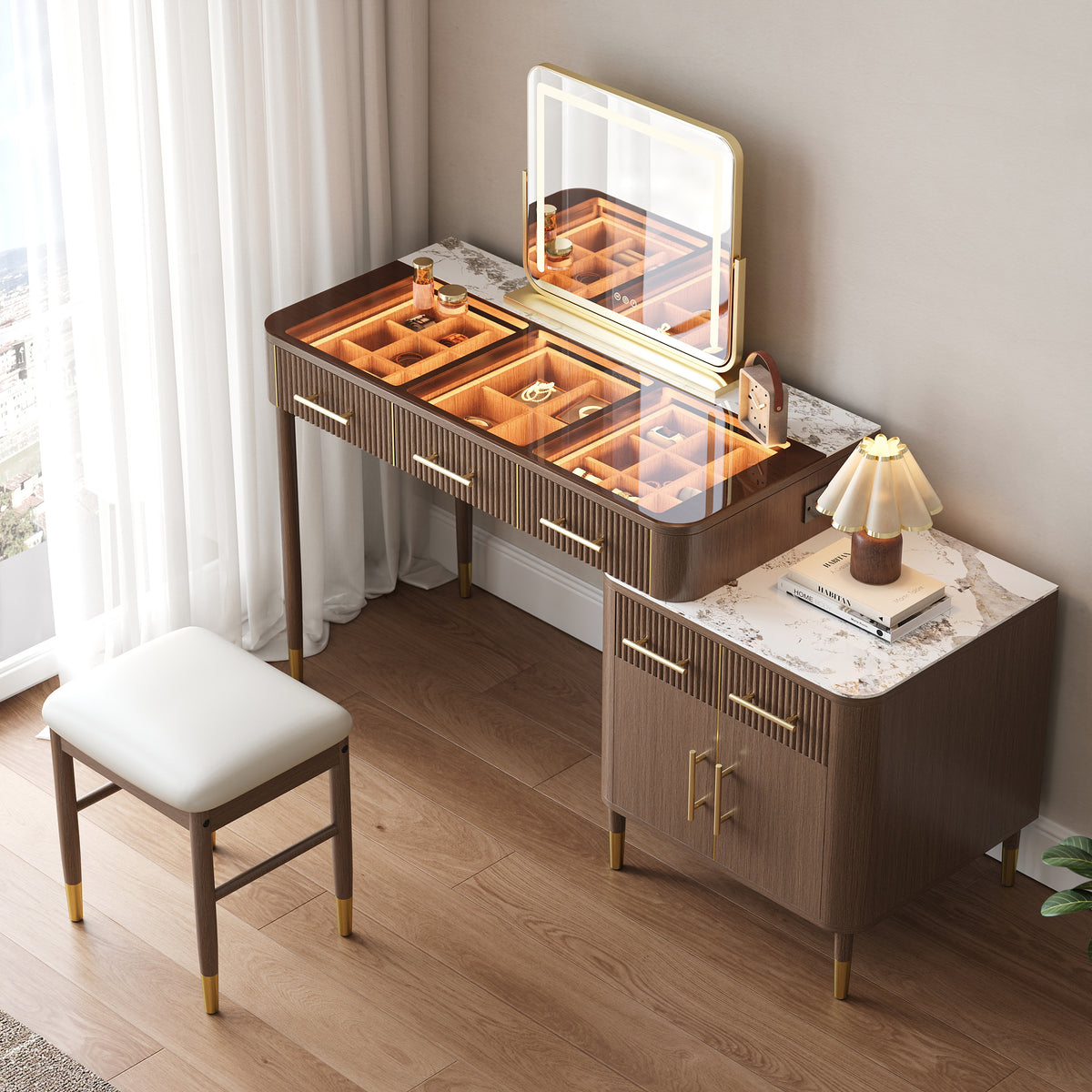 Walnut Makeup Vanity Set with Lighted Mirror & Stool Mid Century Modern Dressing Table with Glass Top
