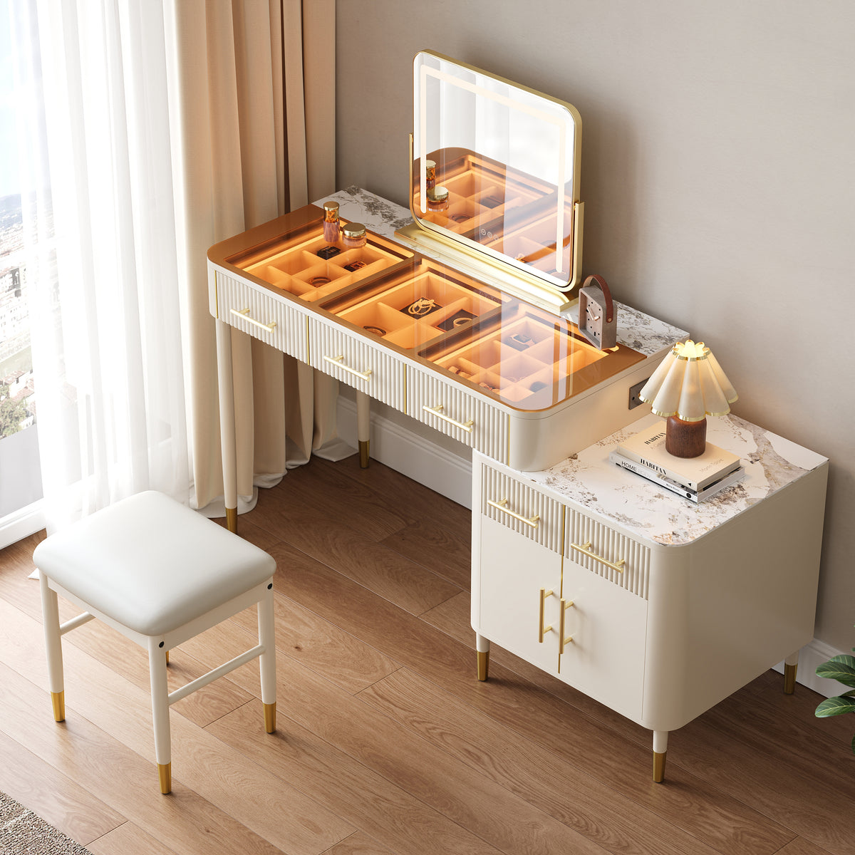 White Makeup Vanity Set with Lighted Mirror & Stool Mid Century Modern Dressing Table with Glass Top
