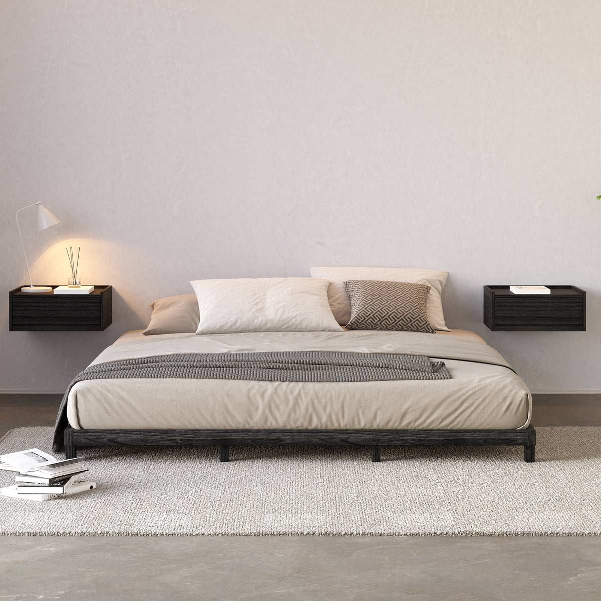 Wooden Floating Nightstand Modern Bedside Table with Charging Station Japanese Style King Low Bed Frame Black Floor Bed