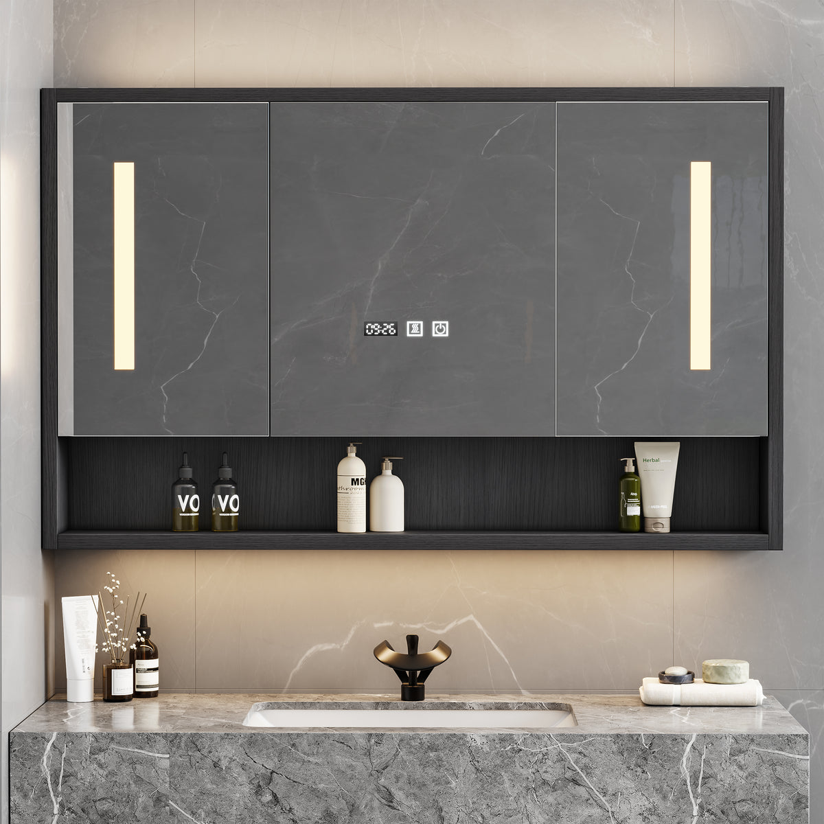 39" Black LED Medicine Cabinet with Adjustable Lighting, Demister & Digital Clock