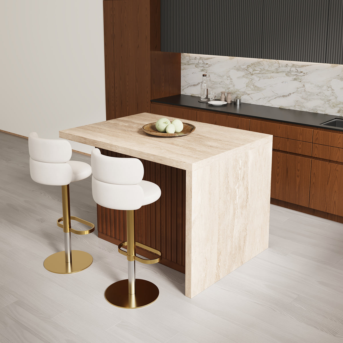 50" Large Kitchen Island Marble Veneered Top with Storage Walnut Kitchen Cabinet