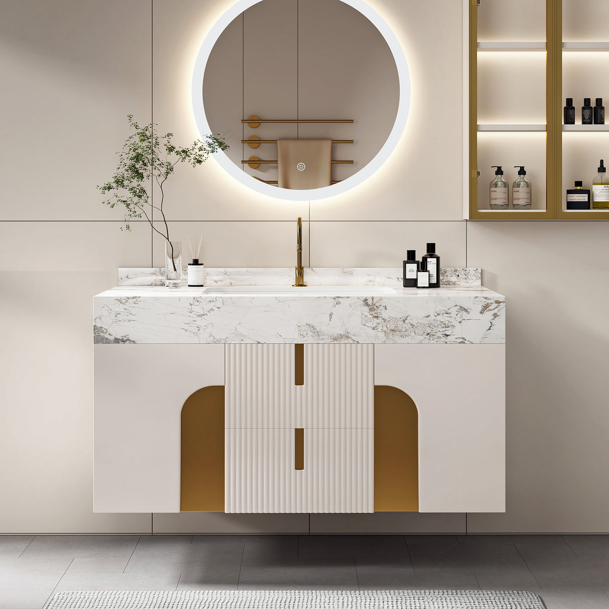 36" Bathroom Vanity Cultured Marble Wall Mounted with Ceramic Single Sink Modern Style Beige