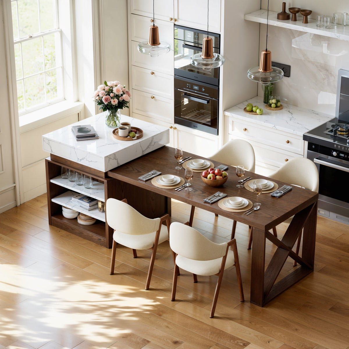 73"-93" Extendable White&Walnut Kitchen Island with Storage Kitchen Cabinet