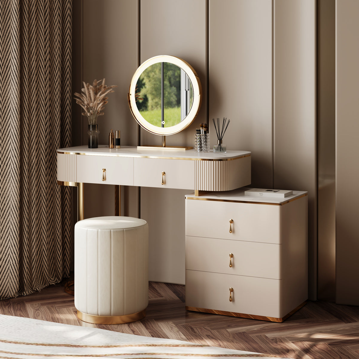 Nordic Makeup Vanity Extendable with 5-Drawer Dressing Table with Stone Top in Champagne