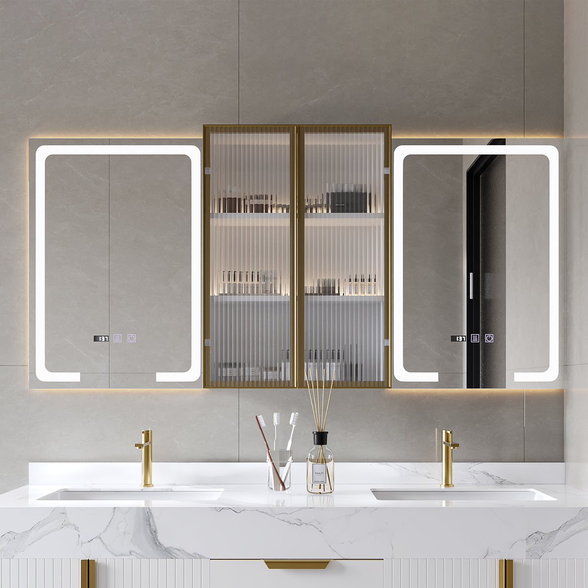 59" LED Lighted Medicine Cabinet Wooden Wall-mounted Bathroom Mirror with Doors