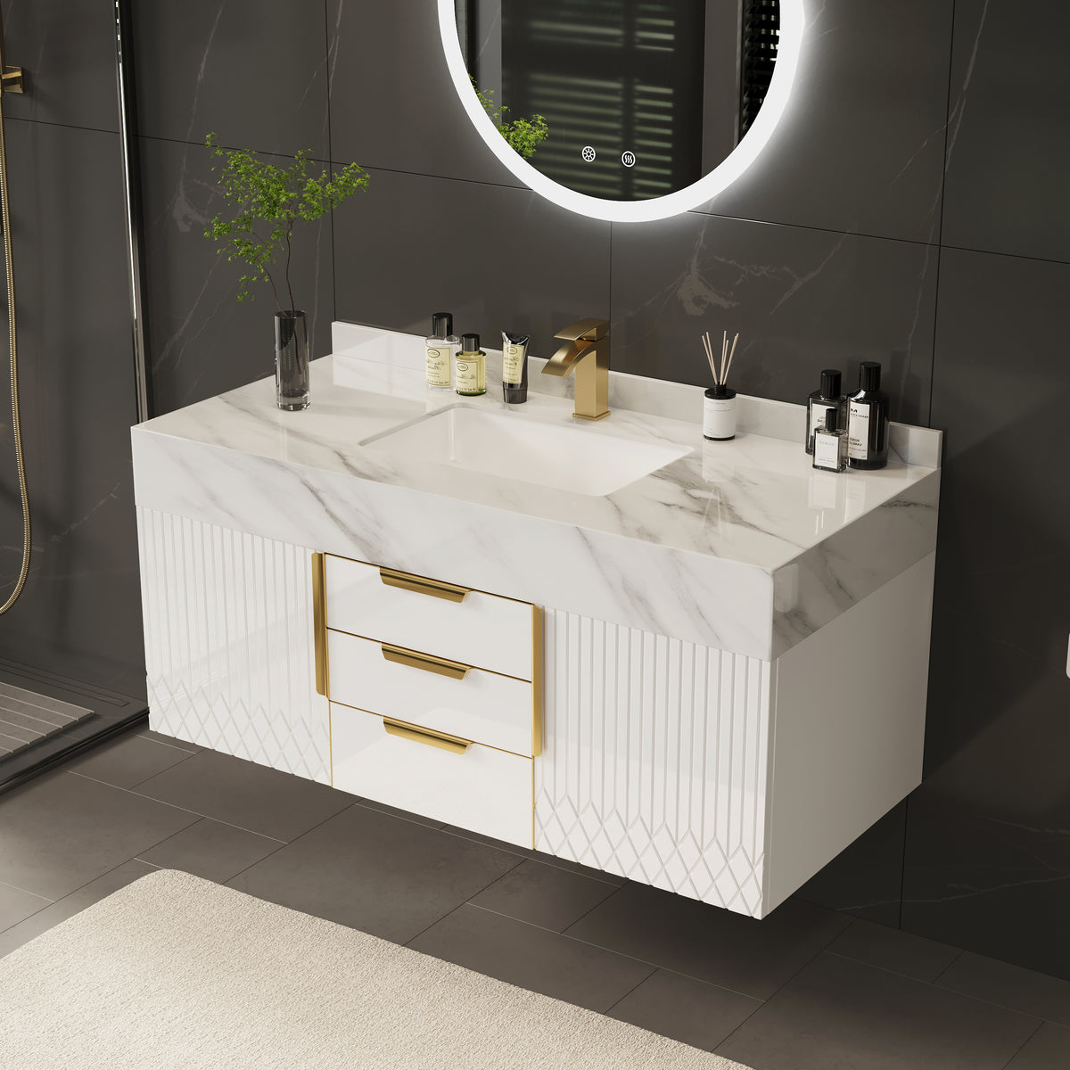 Aro 48" Wall-Mounted Bathroom Vanity with Sintered Stone Top and Expanded Storage