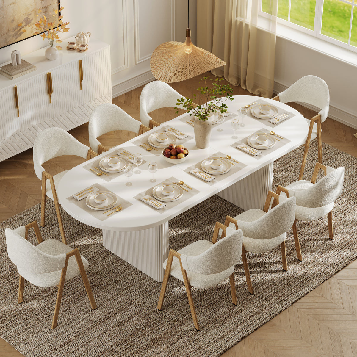 79"-94" Oval Dining Table Extendable Butterfly Leaf for 8 Japandi White Kitchen Table for Small Spaces