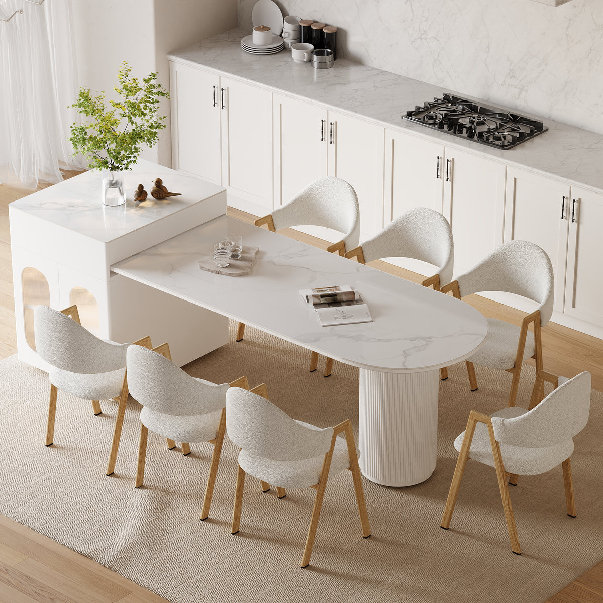 Expandable Kitchen Island with Marble-Pattern Sintered Stone Top 70.9"-82.7"