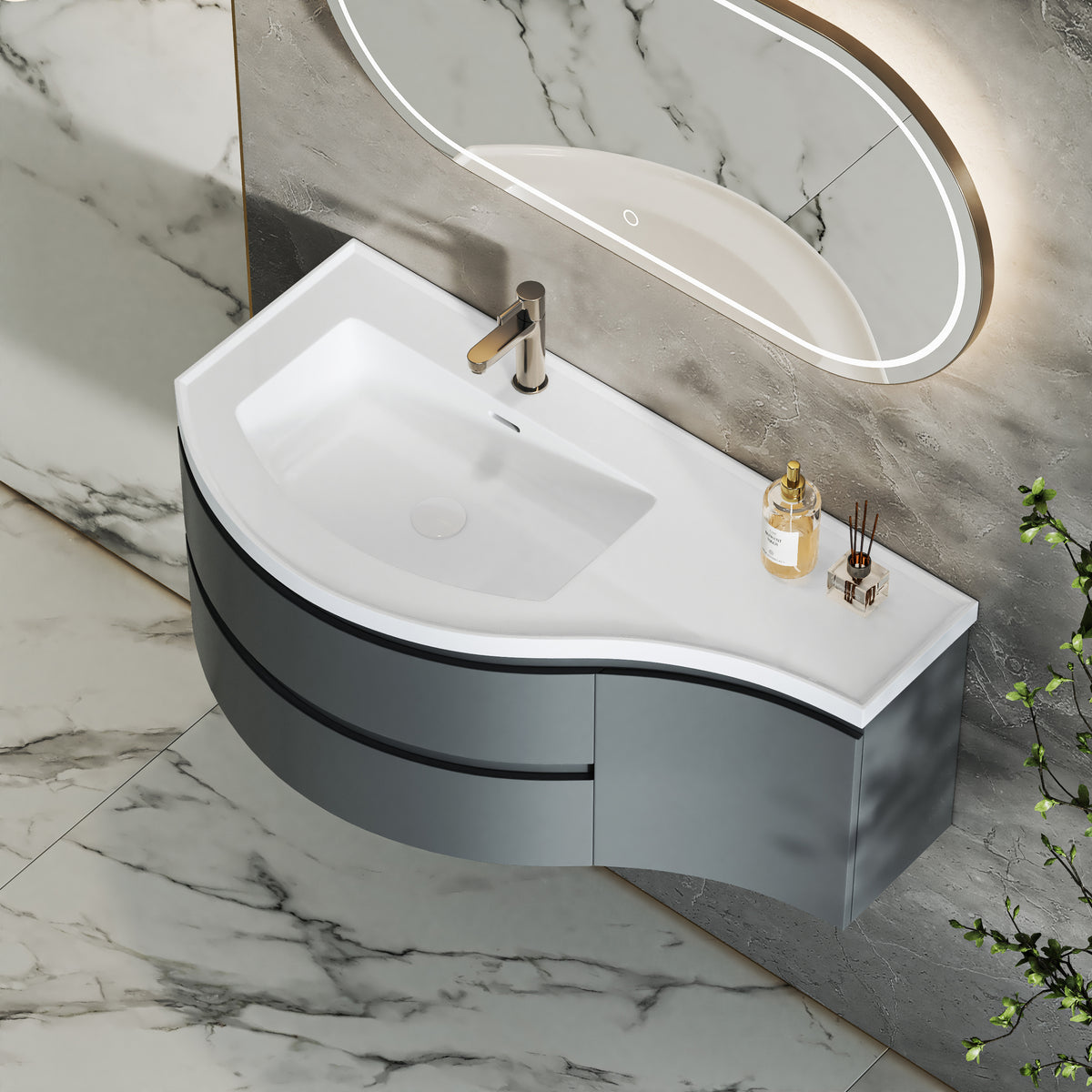 35.4" Floating Curved Bathroom Vanity Wall Mounted Half-Circle Bathroom Cabinet with Sink