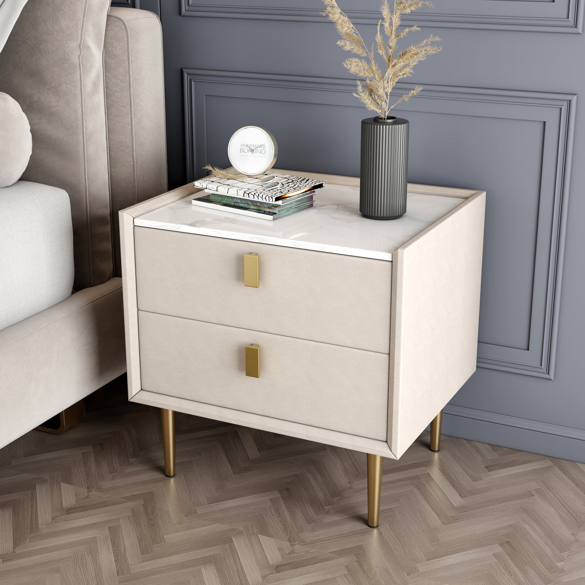 Modern 2 Drawers PU Leather Bedside Table Nightstand with Gold Metal Legs