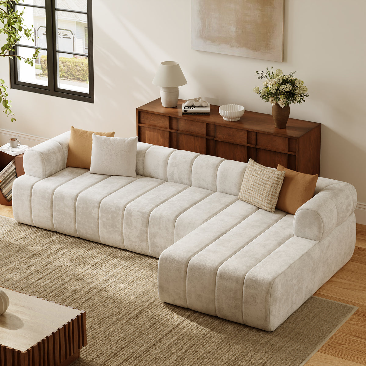 118" Channeled 3-Piece Velvet Sectional L-Shaped Sofa with Chaise