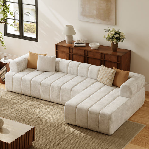 118" Channeled 3-Piece Velvet Sectional L-Shaped Sofa with Chaise