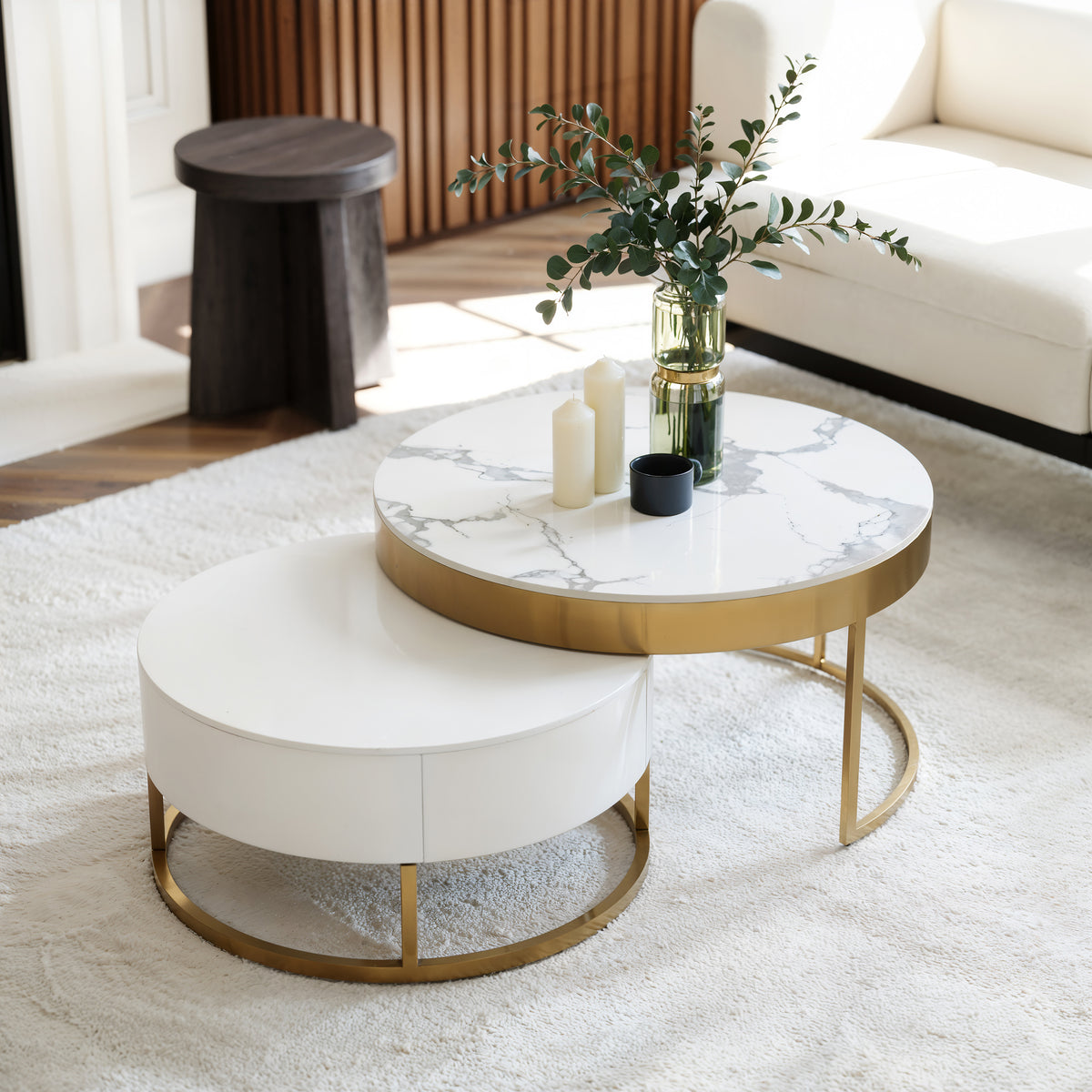Round 2-Piece Nesting Set Sintered Stone Top Coffee Table and Wooden Coffee Table with 2 Drawers