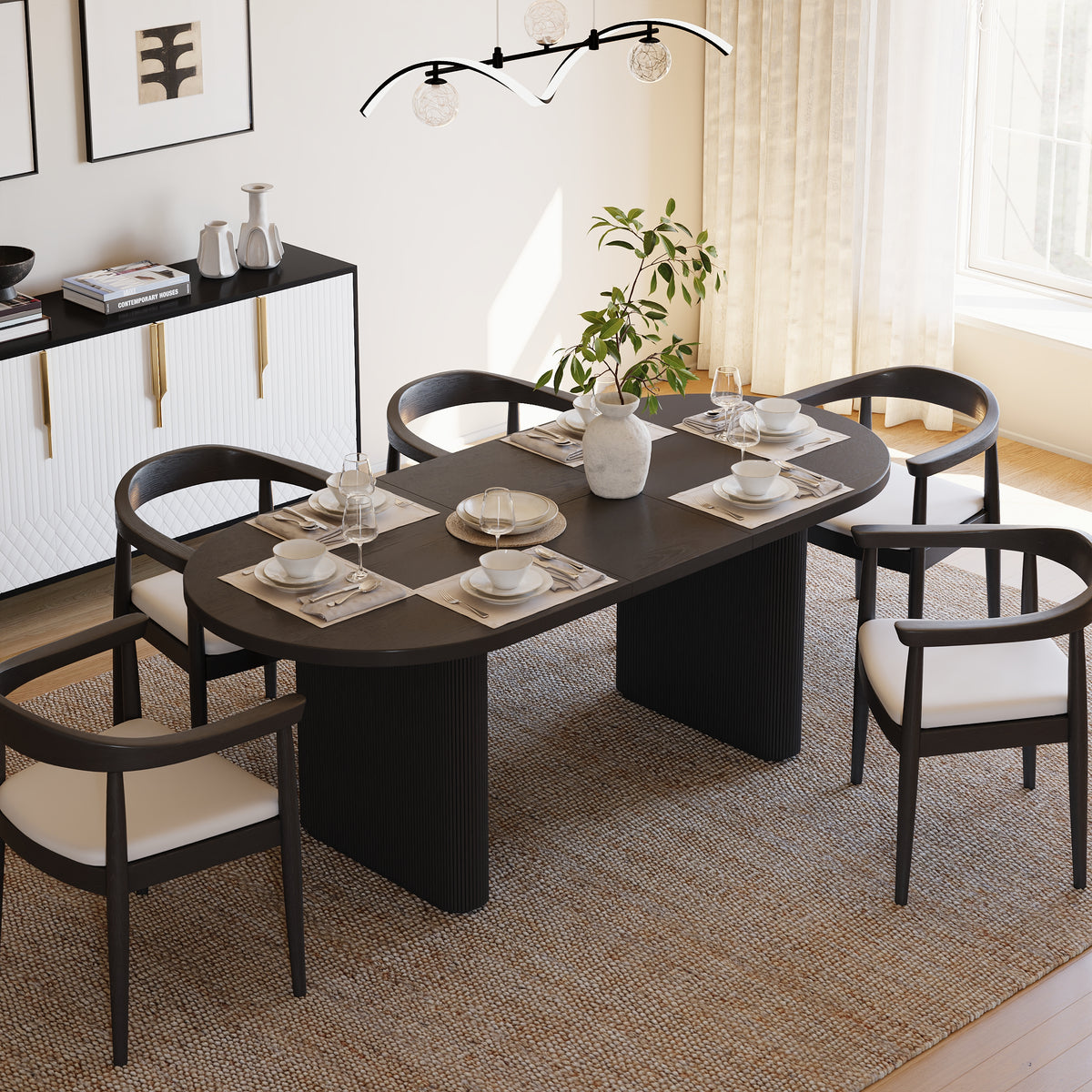 Japandi 63"-79" Oval Extendable Black Dining Table Butterfly Leaf 4-6 Seater