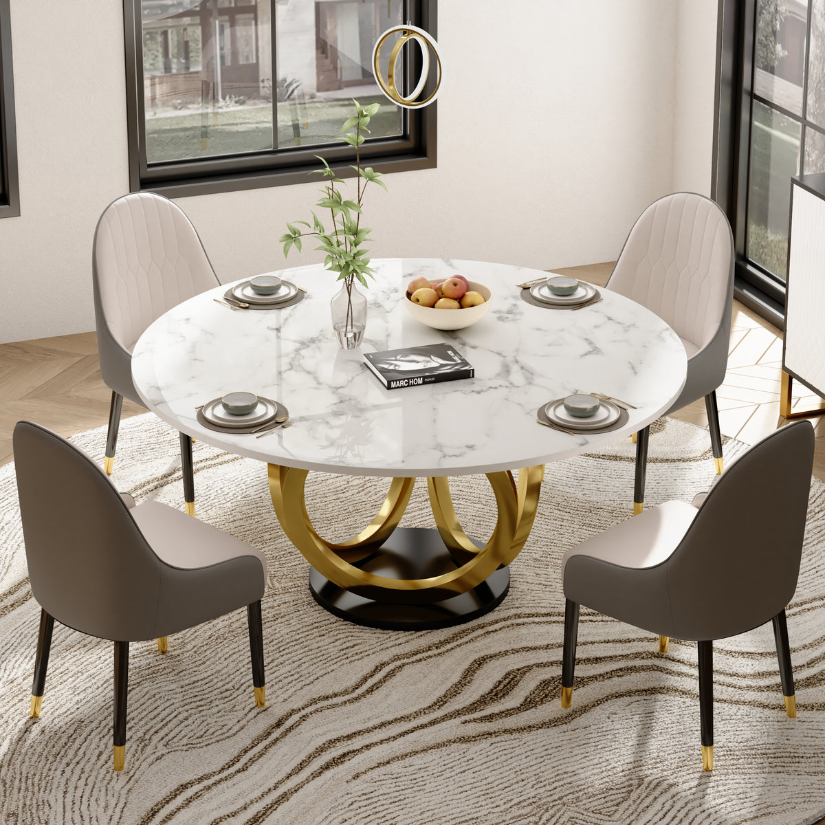 53.1" Round Dining Table Faux Marble Top Gold & Black Pedestal for 6 Person Modern White