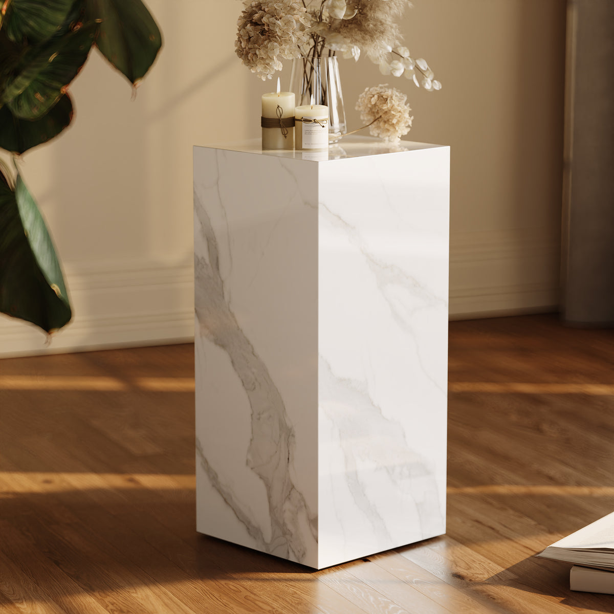 White Sintered Stone Plinth Pedestal Plant Stand & Side Table