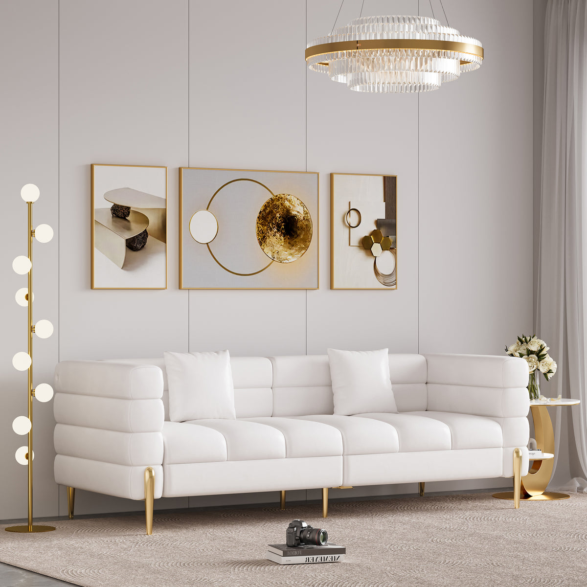 78.7" Modern White Leather Upholstered Fluted 3 Seater Sofa for Living Room with pillow