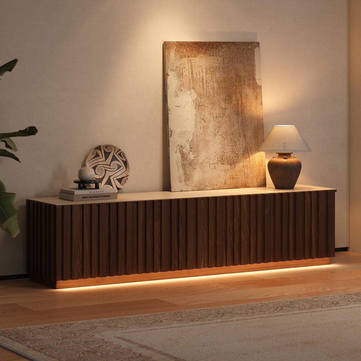 Aura 83" Mid-Century Modern Ash Wood Slatted Walnut TV Stand with Travertine Veneer Top