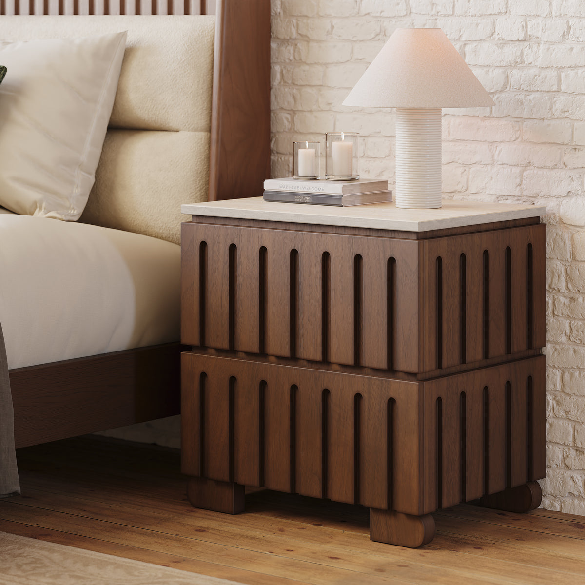 Modern Ash Wood 2-Drawer Nightstand with Faux Travertine Top