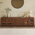 Arune 72" Mid Century Modern Walnut TV Stand with LED Lights and Arched Glass Cabinet Doors