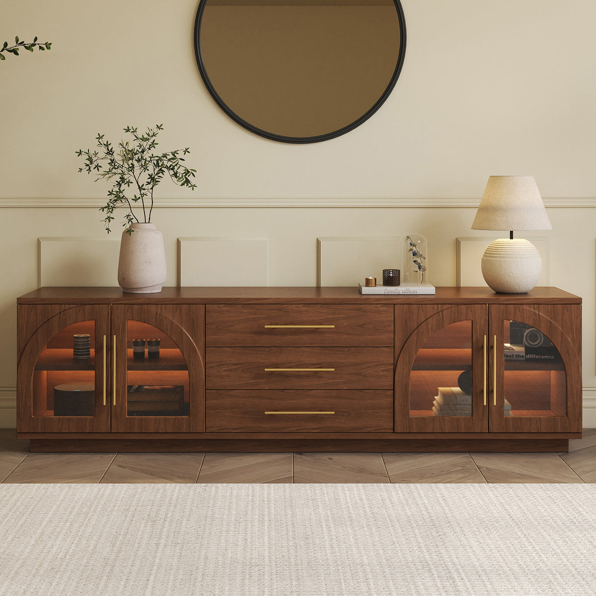 Arune 72" Mid Century Modern Walnut TV Stand with LED Lights and Arched Glass Cabinet Doors