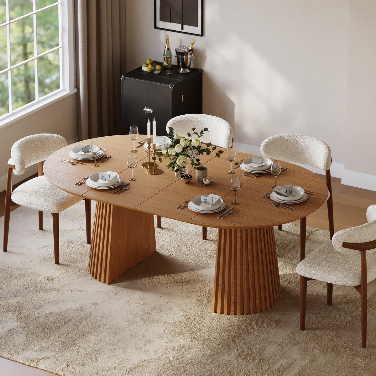 47"–79" Round Oval Extendable Dining Table Solid Wood with Fluted Base for 6