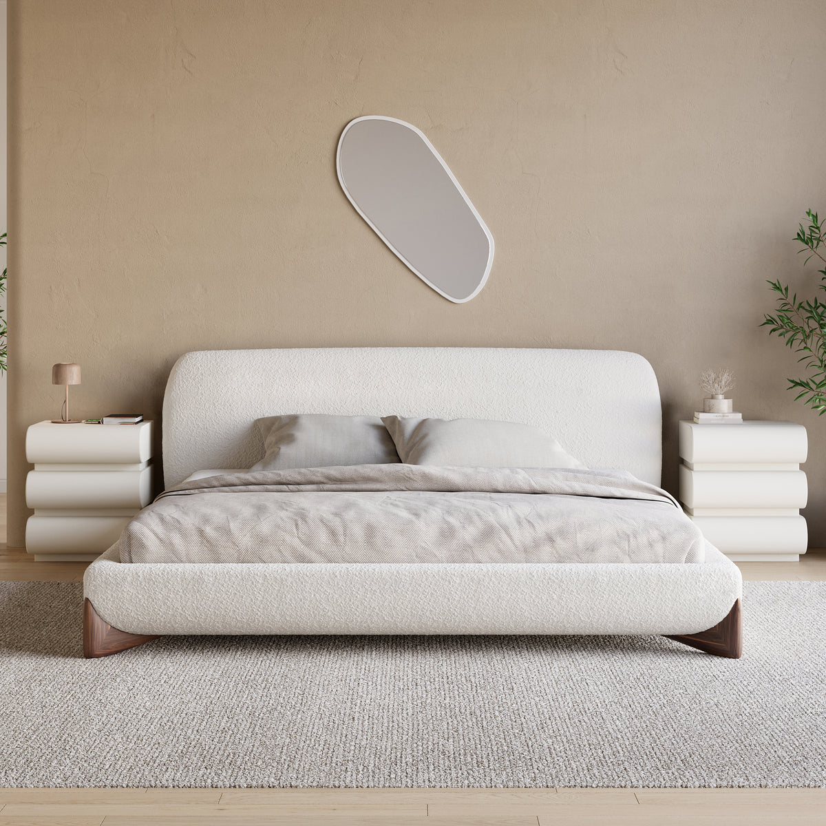 King Bedroom Set Boucle King Size Platform Bed Frame & 2 3-Drawer White Leather Smart Nightstands