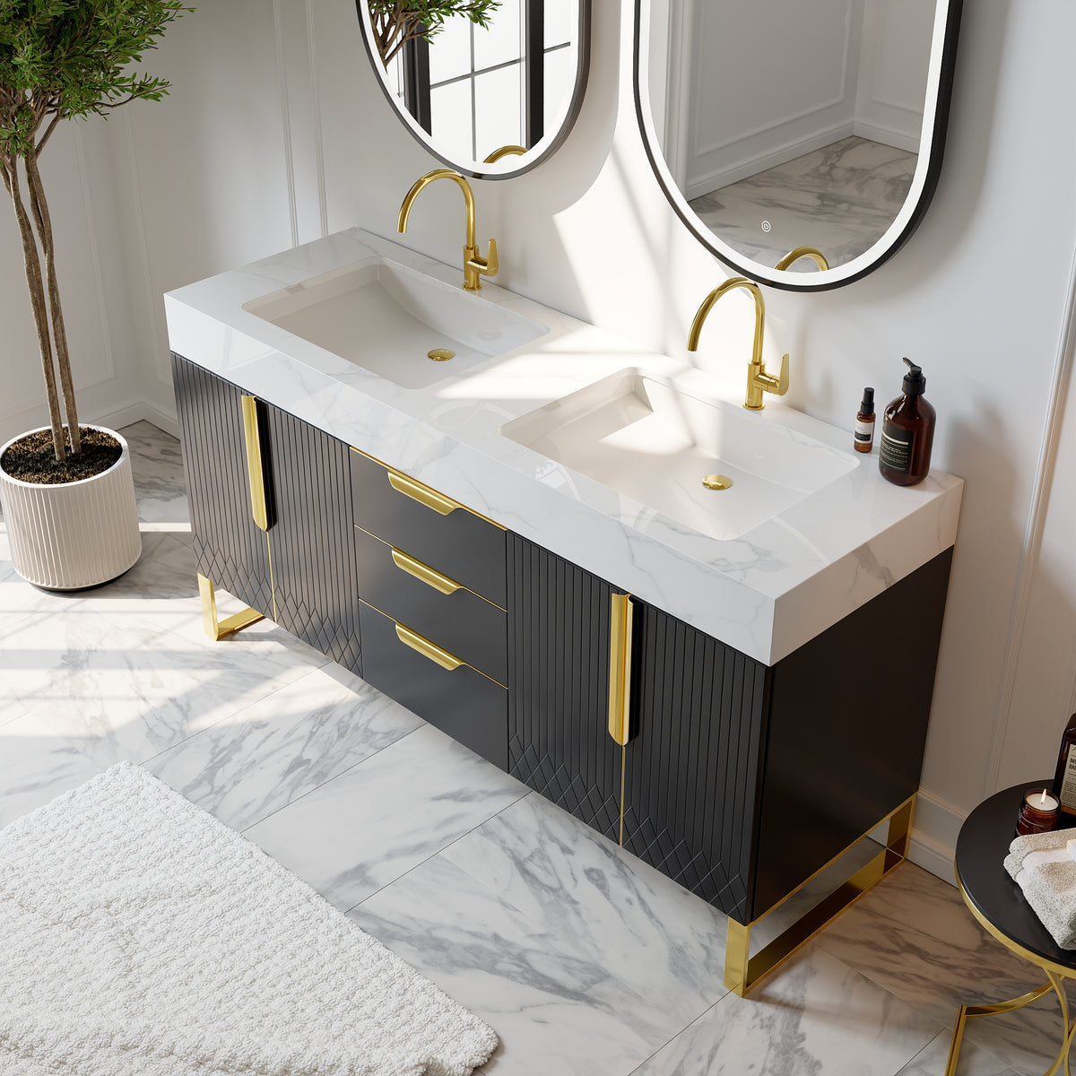 59" Bathroom Vanity Freestanding Cultured Marble Top with Double Sink Drawers & Doors Black
