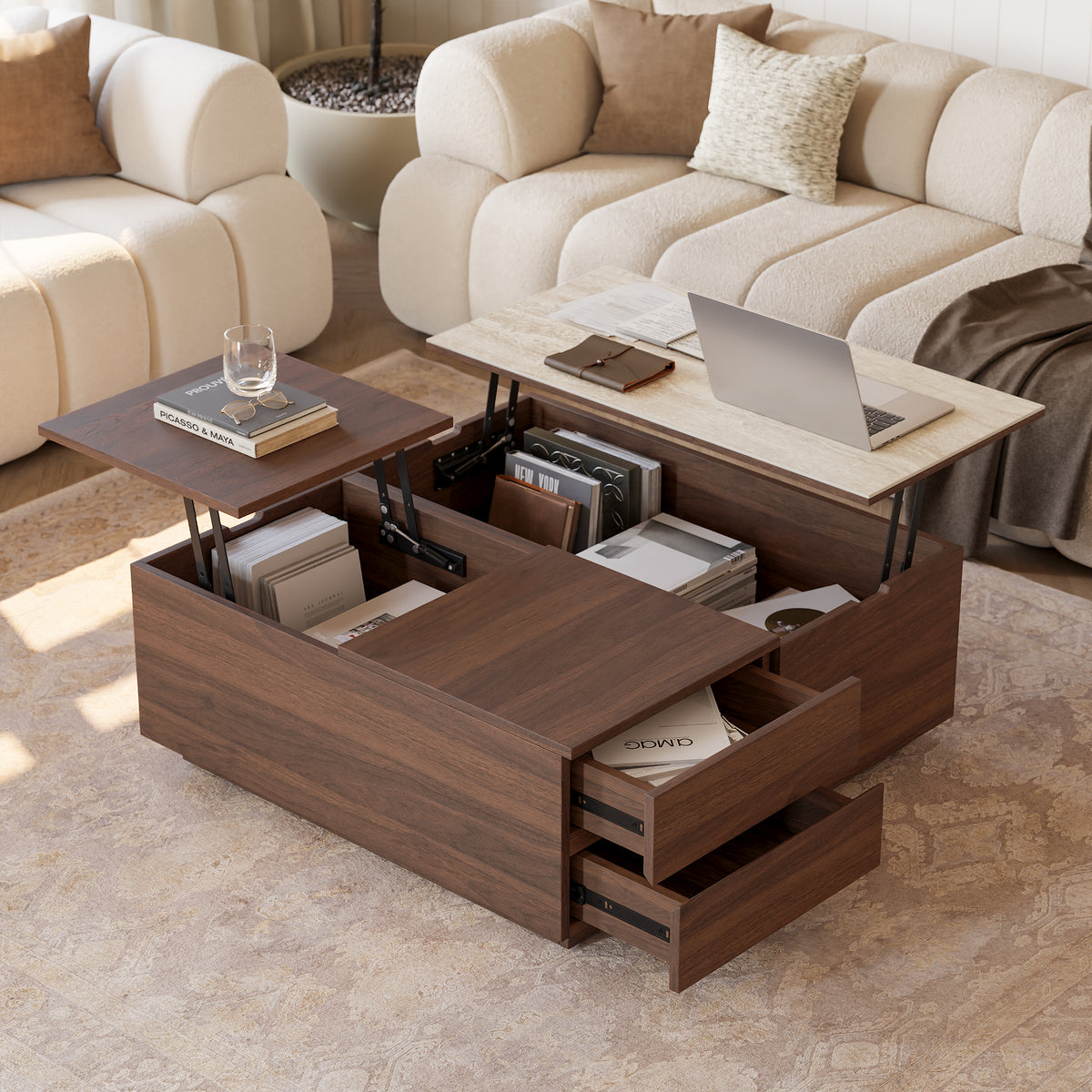 39" Square Lift-Top Wood Travertine Veneer Sintered Stone Top Coffee Table with Storage