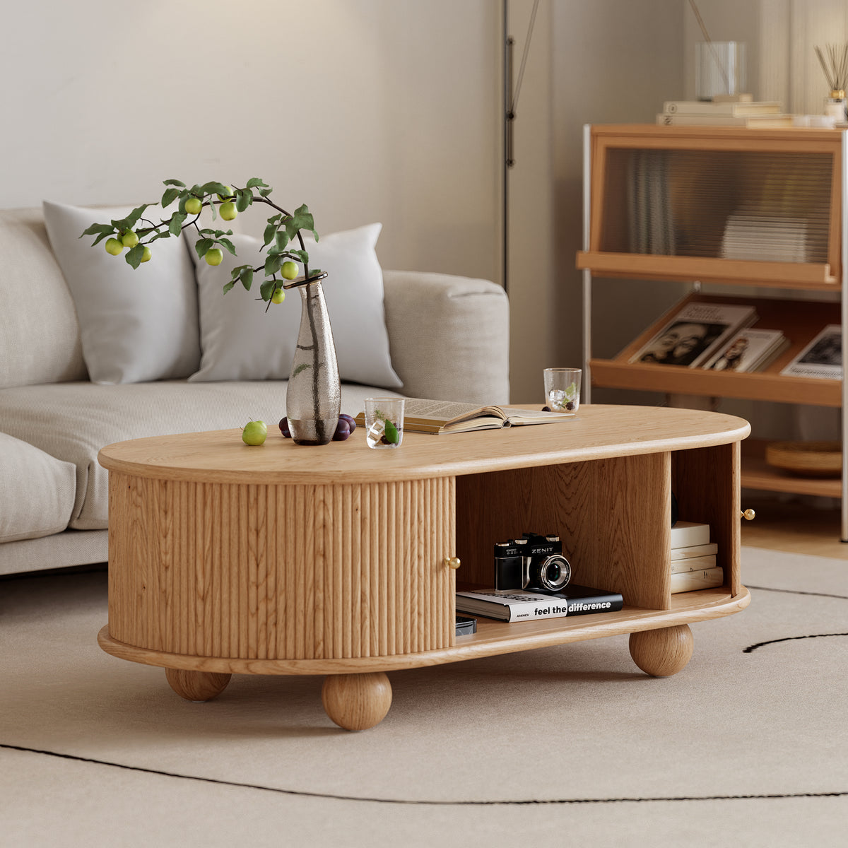 47" Tambour Door Solid Wood Coffee Table with Storage Oval Natural Living Room Table