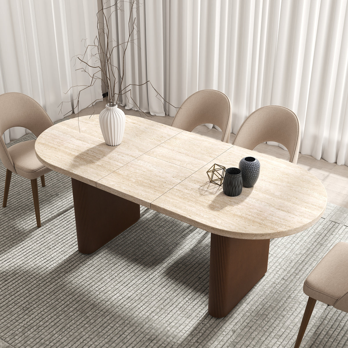 Japandi 1600mm-2000mm Oval Extendable Matte Travertine Dining Table Butterfly Leaf 4-6 Seater