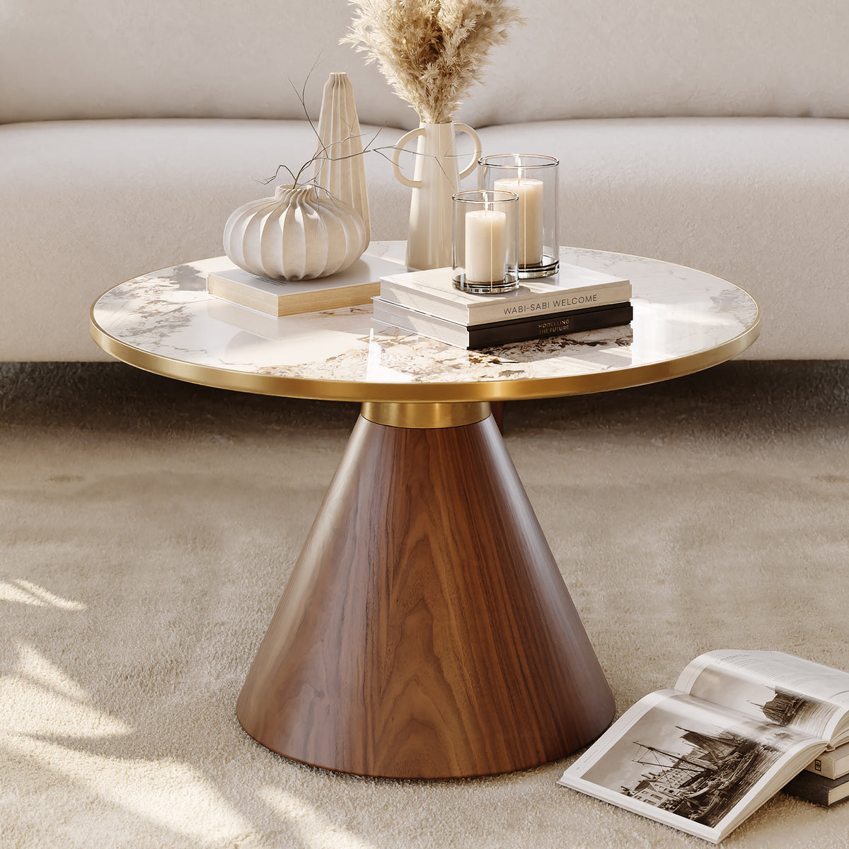 Sintered Stone Round Coffee Table Modern Walnut Living Room Furniture