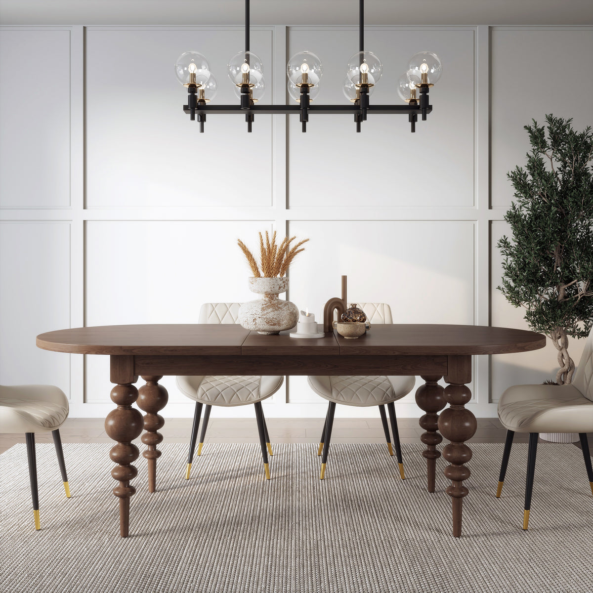 67"-79" Mid-Century Dining Table Oval Extendable Walnut Table for 4-8 Person with Turned Legs