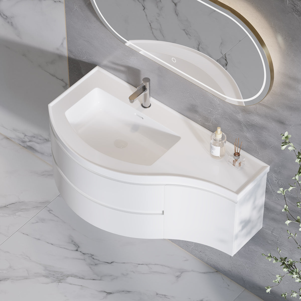 35.4" Floating Curved Bathroom Vanity Wall Mounted Half-Circle White Bathroom Cabinet with Sink
