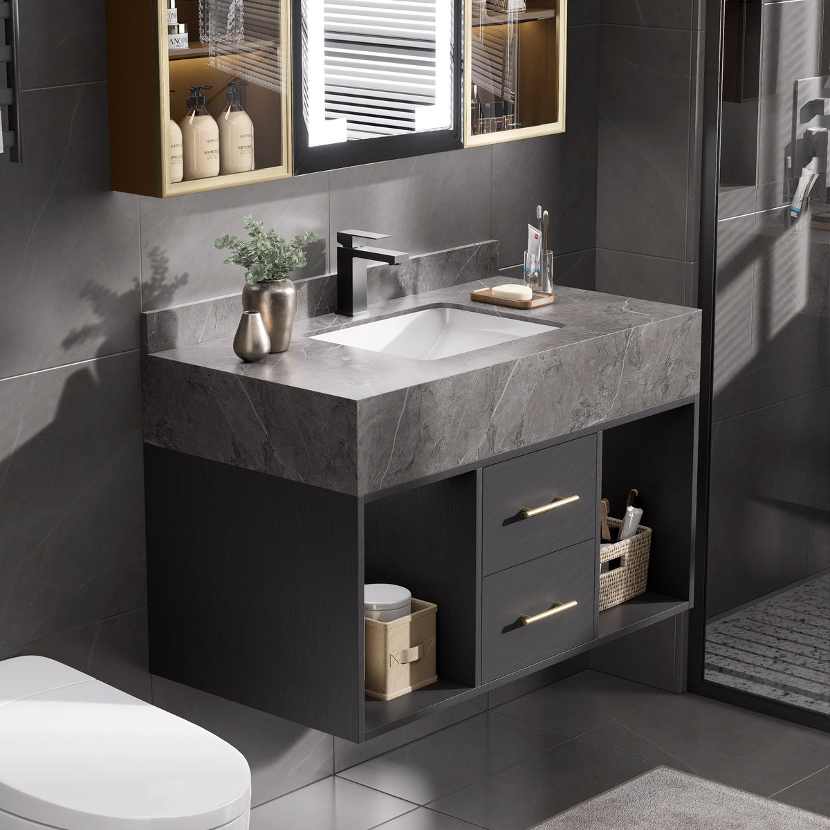 35" Floating Bathroom Vanity with Cultured Marble Vessel Sink with 2 Drawers Black & Gray