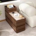 Travertine Stone Top Narrow Smart Side Table with Storage Modern Walnut End Table with USB Charging