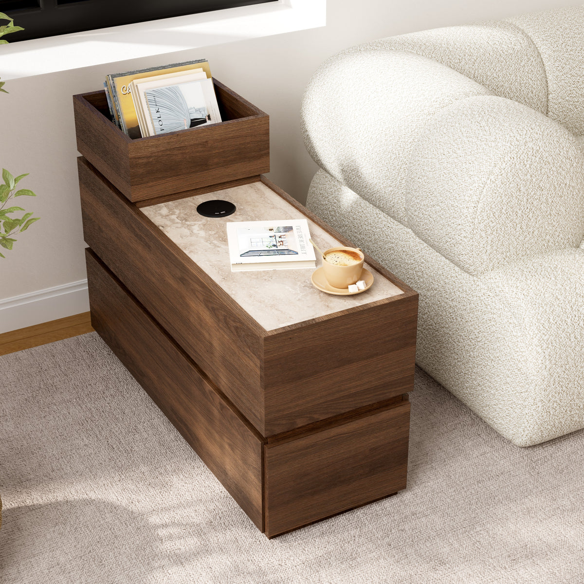 Travertine Stone Top Narrow Smart Side Table with Storage Modern Walnut End Table with USB Charging