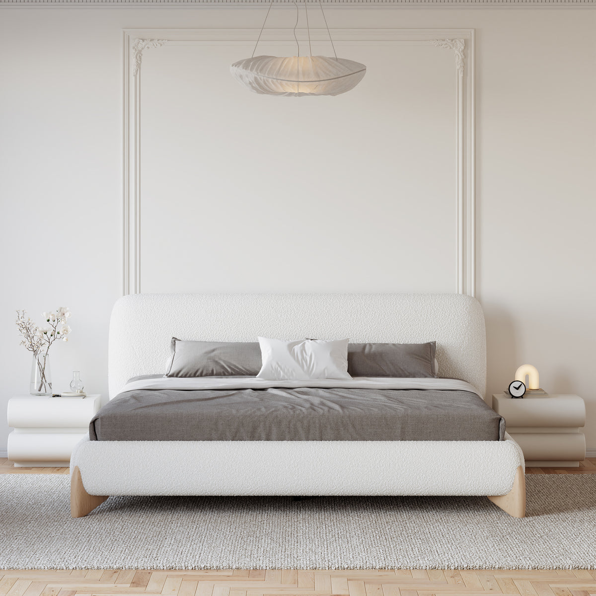 Modern White Boucle Platform Bed King Size Bed Frame with Upholstered Headboard with Natural Wood Legs & 2 Nightstands Set