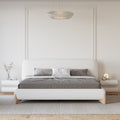 Modern White Boucle Platform Bed Queen Size Bed Frame with Upholstered Headboard with Natural Wood Legs & 2 Nightstands Set