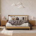 Modern Solid Wood King Upholstered Bed & 2 Drawer Ash Wood Nightstand Set with with Faux Travertine Top