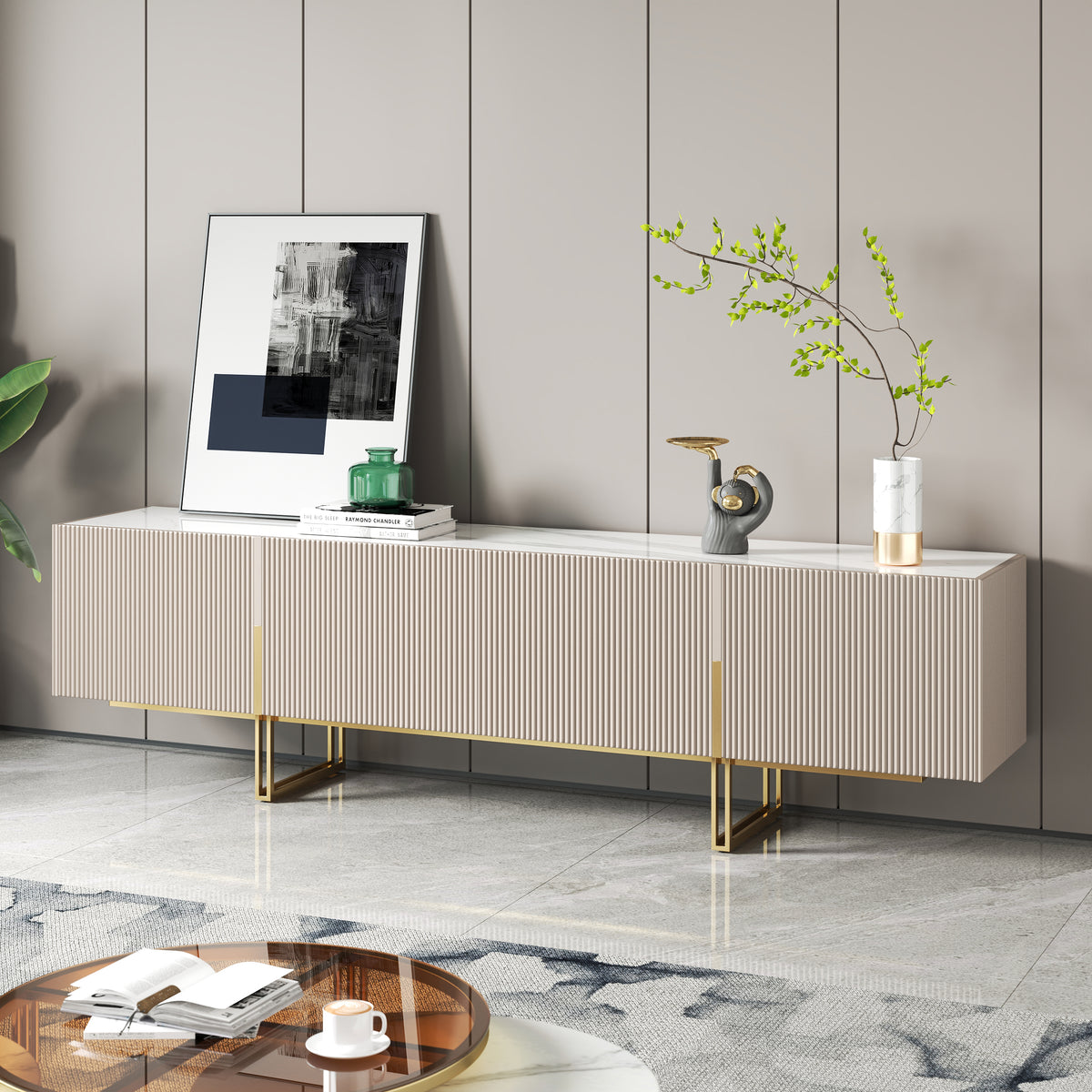 Grovyn Minimalist 79" Off White TV Stand Stone Top Media Console 4 Doors 6 Shelves