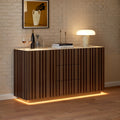 Aura 60" Walnut Faux Travertine Top Buffet Sideboard with Ash Wood Slatted Panels & Light